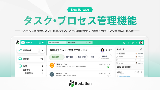 「メールした後のタスク」を忘れない。『Re:lation』、「タスク管理・プロセス管理」機能をリリース
