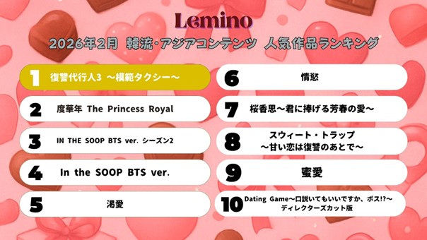 2026年2月のLemino韓流・アジア人気ランキング発表！！大人気シリーズ第三弾韓国ドラマ『復讐代行人3 ～模範タクシー～』が4ヶ月連続で首位にランクイン！