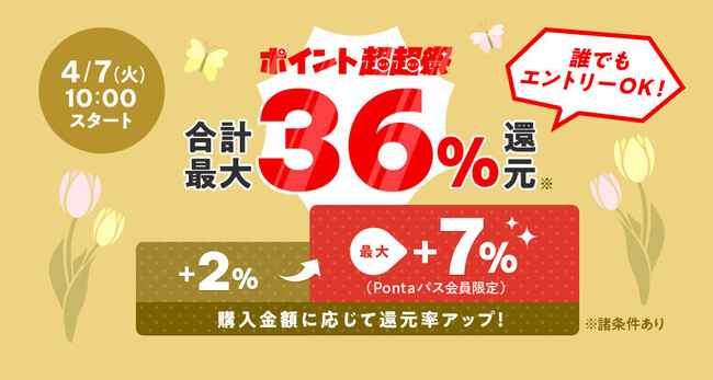au PAY マーケット、購入金額に応じて最大36%還元の「ポイント超超祭」開催！4月13日は三太郎の日・お買い物ラリーの同時開催で最大46%のポイント還元