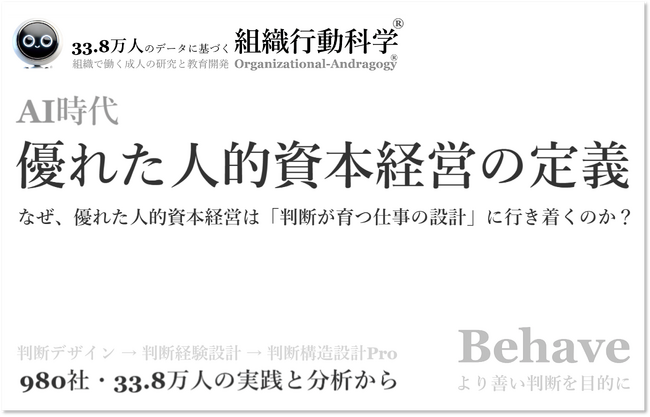 「優れた人的資本経営の定義」を全文公開。33.8万人・980社の分析と実務支援をもとに、AI時代に人的資本経営を機能させる鍵を全29ページ・約29,500字で整理（組織行動科学(R)）