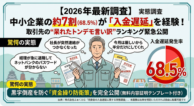 【2026年最新調査】中小企業の約7割（68.5%）が「入金遅延」を経験！取引先の“呆れたトンデモ言い訳”ランキングも発表。～黒字倒産を防ぐ資金繰り防衛策とは？～