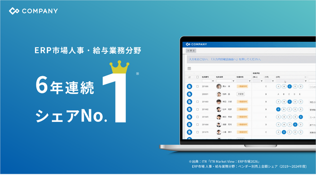 統合人事システム「COMPANY」、ITRの調査レポートで人事・給与ERP市場シェア1位を6年連続※獲得