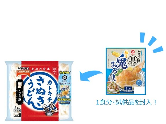 【65万パック限定】「カトキチさぬきうどん 5食」にキッコーマン「具麺」試供品1食分が付いてくるキャンペーンを開始