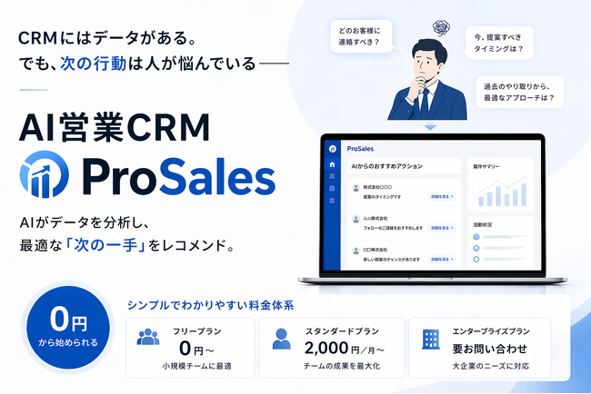 CRMにはデータがある。でも次の行動は人が悩んでいる - AI営業CRM「ProSales」、0円から始められる料金体系を紹介