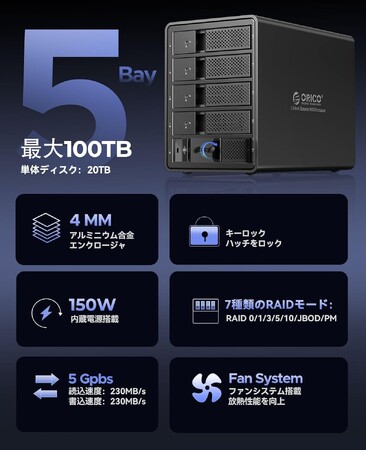 7種類のRAIDモードに対応。最大100TBの大容量データ管理を実現する、ORICO製アルミ製HDDケース