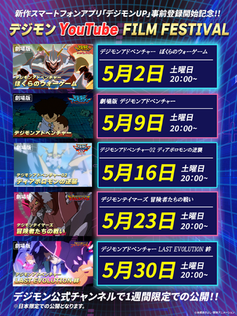 【『デジモン』新作スマートフォン向けアプリゲーム「デジモンUP」事前登録開始記念！】デジモン映画を５週連続一挙無料公開！「デジモンYouTube FILM FESTIVAL」配信決定！
