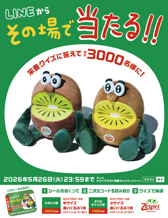 今年最後のチャンス！キウイブラザーズのぬいぐるみが3000名様にその場で当たる！キウイの栄養クイズに答えて応募しよう
