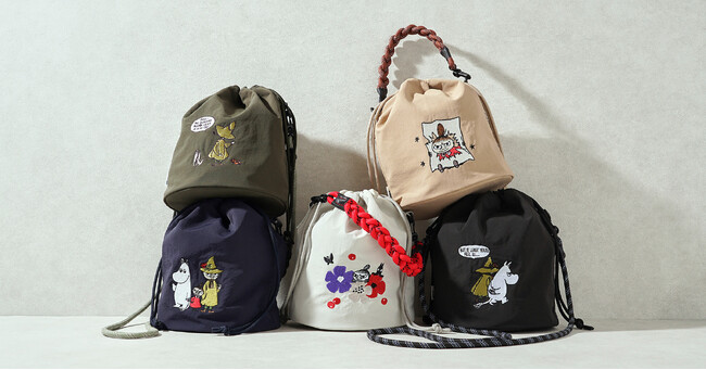 【ムーミン】待望の新登場！刺繍で楽しむ「大人可愛い巾着バッグ」を日常に添えて。ムーミンやリトルミイ、スナフキンの世界を繊細な刺繍で描き出した、コロンと愛らしい新作の2way巾着バッグが誕生！