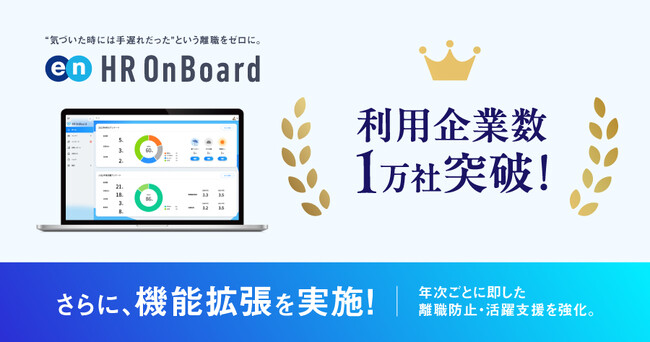 定着支援ツール『HR OnBoard』、利用企業数1万社突破！機能拡張も実施し、年次ごとの課題に即した離職防止・活躍支援を強化。1万社のデータに基づくAI解析で「入社後の活躍」を支援。