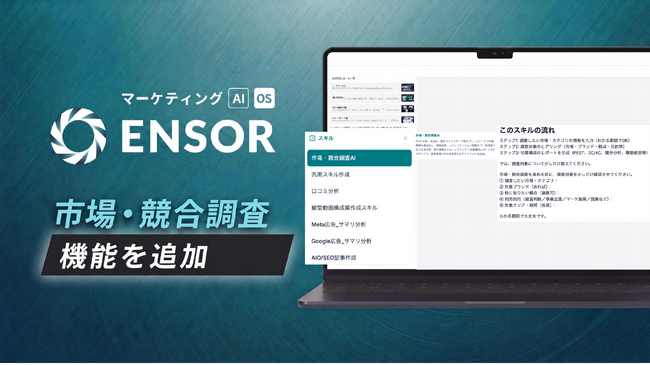 マーケティングAI OS「ENSOR」、市場・競合調査機能を追加─PEST・3C・競合ランドスケープを10章構成のレポートで一括出力
