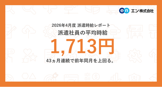 2026年4月度 派遣社員の平均時給は1,713円。DX・AIの普及が時給上昇にも影響。43ヵ月連続で前年同月を上回る。
