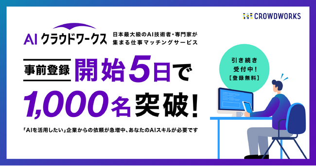 事前登録開始わずか5日で1,000名突破！ 日本最大級のAI技術者・専門家が集まる仕事マッチングサービス 「AIクラウドワークス」登録者のスキル一覧も公開