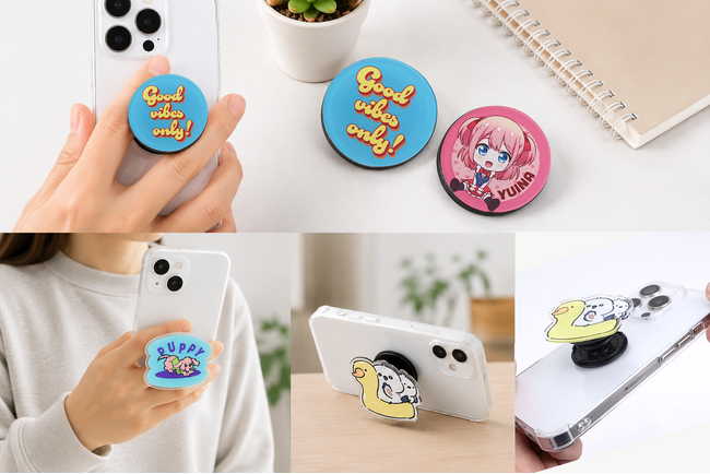 イラストをそのまま形に!オリジナルプリント.jpにフリー型・円形スマホグリップ登場