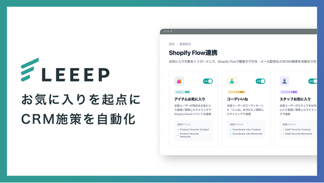 LEEEP、アイテム・コーデ・スタッフへの「お気に入り」行動をShopify Flowのトリガーとして利用可能に