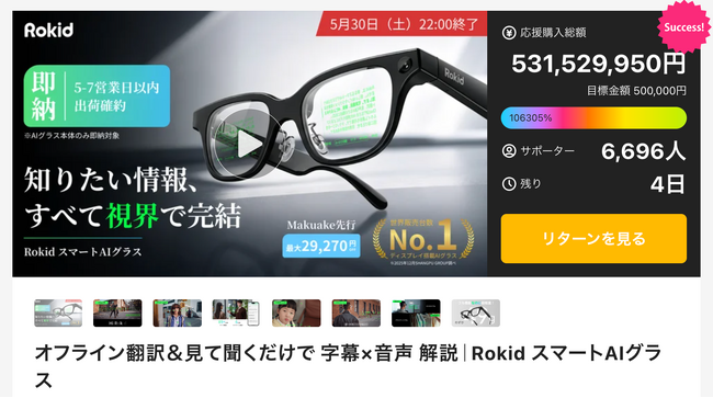 【Makuake歴代1位目前】Rokid、応援購入総額5億円突破。「即納体制」実施＆度付きレンズ対応を発表