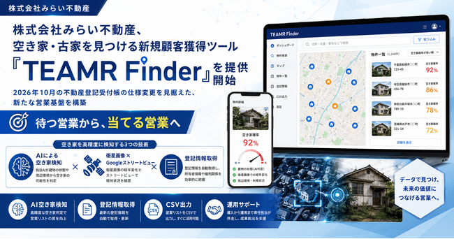 【不動産登記受付帳に代わる？！】空き家・古家を見つける新規顧客獲得ツール「TEAMR Finder」を提供開始