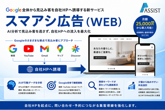 株式会社アシスト、Google全体から見込み客を自社HPへ誘導する新サービス「スマアシ広告（WEB）」を提供開始