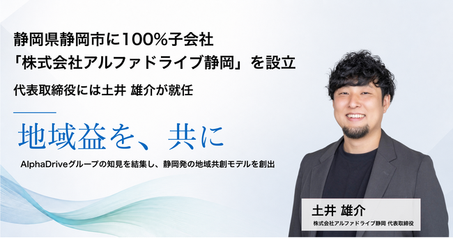 AlphaDrive、静岡県静岡市に100%子会社「株式会社アルファドライブ静岡」を設立。代表取締役には土井雄介が就任。