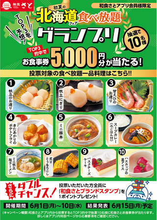 【和食さとアプリ】TOP3を予想!『初夏の北海道フェア食べ放題』人気一品グランプリ開催