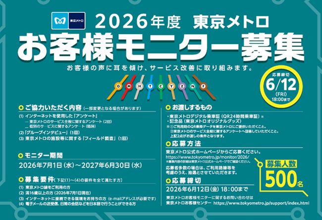『2026年度 東京メトロお客様モニター』500名募集