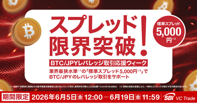スプレッド限界突破！BTC/JPYレバレッジ取引応援ウィーク】業界最狭水準※1の「標準スプレッド5,000円※2」でBTC/JPYのレバレッジ取引をサポート