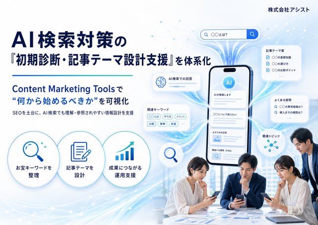 株式会社アシスト、中小企業・店舗様向けにAI検索対策の「初期診断・記事テーマ設計支援」を体系化。Content Marketing Toolsで“何から始めるべきか”を可視化