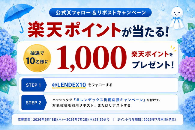 【LENDEX】梅雨の時期も資産運用！「楽天ポイントが当たる」公式Xフォロー＆リポストキャンペーンを実施