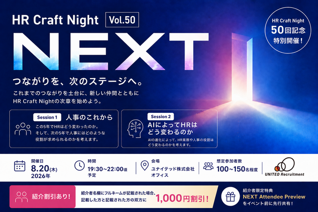 HR領域の注目人材が集う企業人事交流イベント「HR Craft Night vol.50『NEXT』」を2026年8月20日（木）に開催