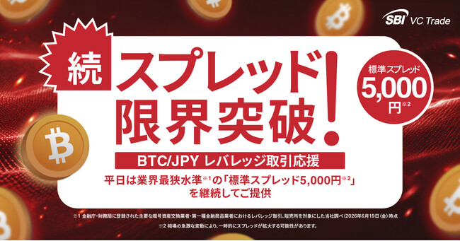 【続・スプレッド限界突破！BTC/JPYレバレッジ取引応援】平日は業界最狭水準※1の「標準スプレッド5,000円※2」を継続してご提供