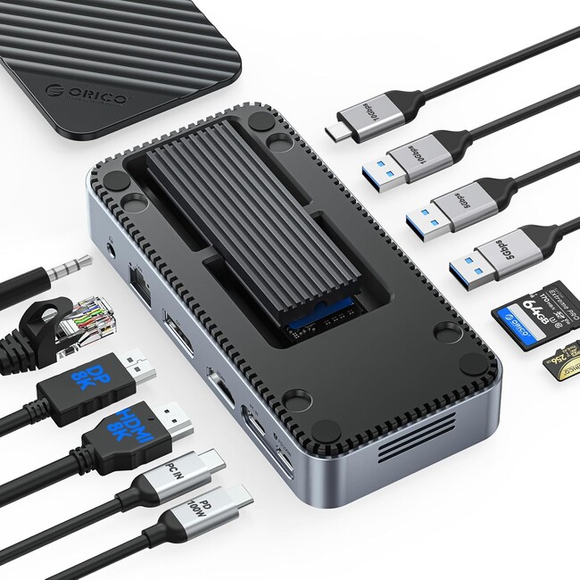 ???? ORICO、12-in-1 SSDエンクロージャー搭載USB-Cドッキングステーションを発表⚡ 8K出力・10Gbps転送・100W充電・ギガビットLAN・M.2 SSD拡張を1台に集約