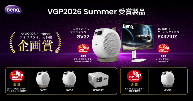 BenQ、「VGP2026 SUMMER」にて天井プロジェクター『GV32』、4K有機ELモニター『EX321UZ』がライフスタイル分科会で特別賞・部門賞を受賞！
