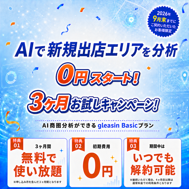 【エムディー株式会社】AI出店戦略ツール「gleasin」の「0円スタート！3ヶ月お試しキャンペーン」を開催
