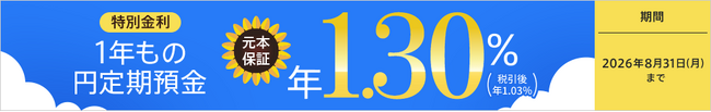 【金利引上げ】1年もの円定期預金 年1.30％（税引後 年1.03％)