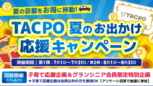 【京都MKタクシー限定】夏の京都をお得に移動「TACPO夏のお出かけ応援キャンペーン」開催！50組に1組が当たる！ご乗車運賃の100%分をポイント還元！さらに最大10万ポイントが当たる
