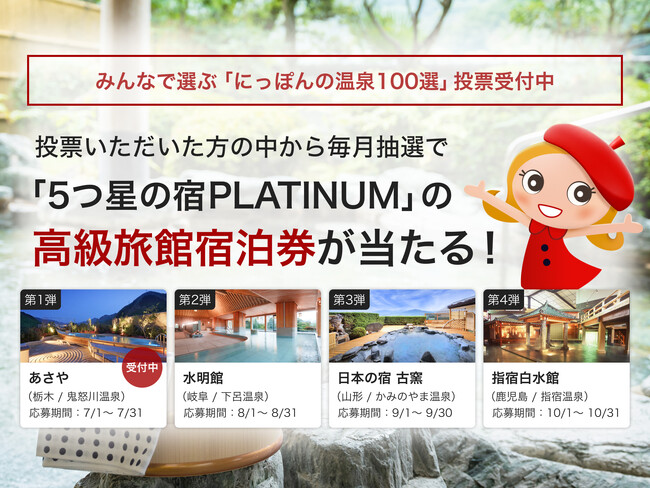トラベルコ、みんなで選ぶ「にっぽんの温泉100選」の投票開始！高級旅館の宿泊券が当たるキャンペーンを同時開催