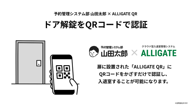 予約管理システム部 山田太郎はALLIGATE QRに対応し、QRコード認証でドアの施錠が可能になりました。