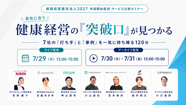 自社に合う健康経営の「突破口」が見つかる - 7社の「打ち手」と「事例」を一気に持ち帰る120分｜7/29（水）13:00～ 無料セミナー開催