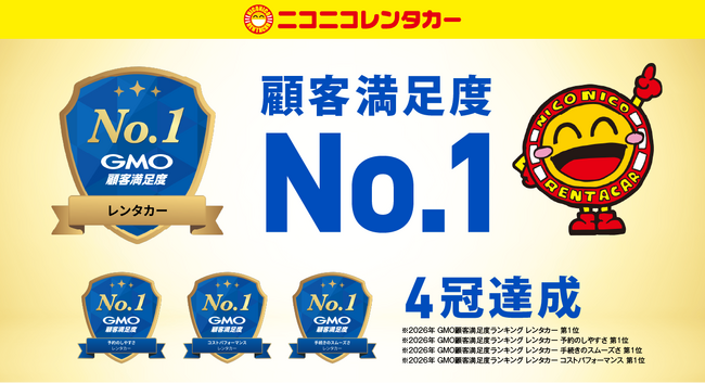 【ニコニコレンタカー】GMO顧客満足度ランキング2026のレンタカー総合ランキングでNo.1を獲得