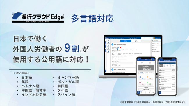 OBC、『奉行クラウドEdge』で多言語対応。外国人労働者が使用する言語の約9割をカバーし、多様な人材が安心して働ける環境づくりを支援