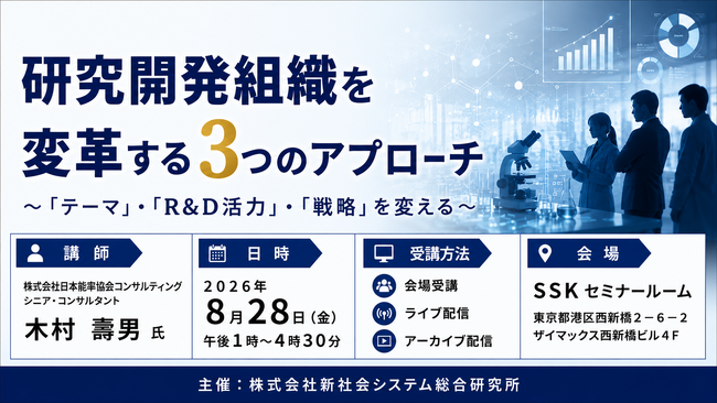 「研究開発組織を変革する3つのアプローチ」と題して、株式会社日本能率協会コンサルティング シニア・コンサルタント 木村 壽男氏によるセミナーを2026年8月28日(金)に開催!!