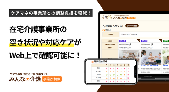 ケアマネジャー向けサービス「みんなの介護 事業所検索」なら、在宅介護事業所の空き状況や対応可能なケアが問い合わせ前に分かる