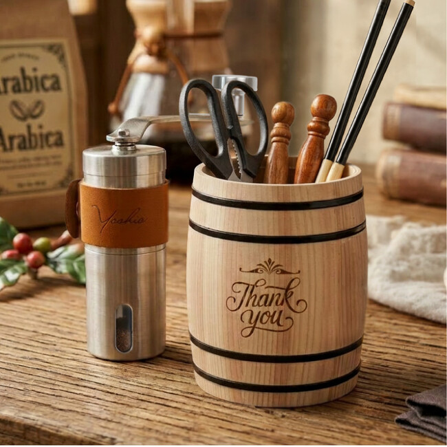 【ココロを贈る 名入れギフトOkulu】コーヒー好きへの特別な贈り物。名入れコーヒーミルとメッセージ入り珈琲樽のギフトセットを新発売